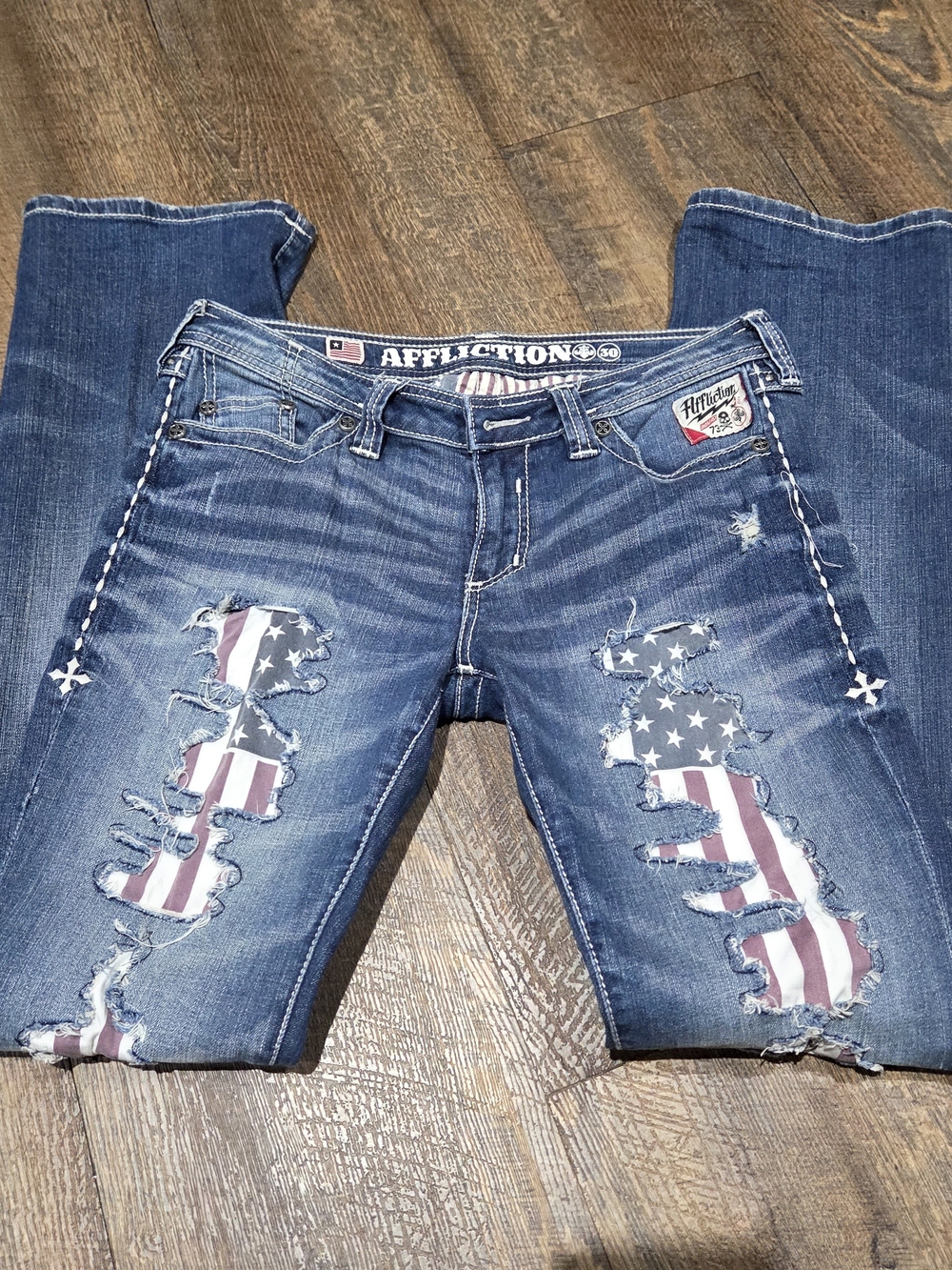 Affliction Women's Distressed Americana Flag Blue Jeans